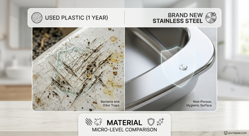 Microscopic view of bacteria-trapping scratches on a used plastic cat litter box vs. a hygienic smooth stainless steel surface.