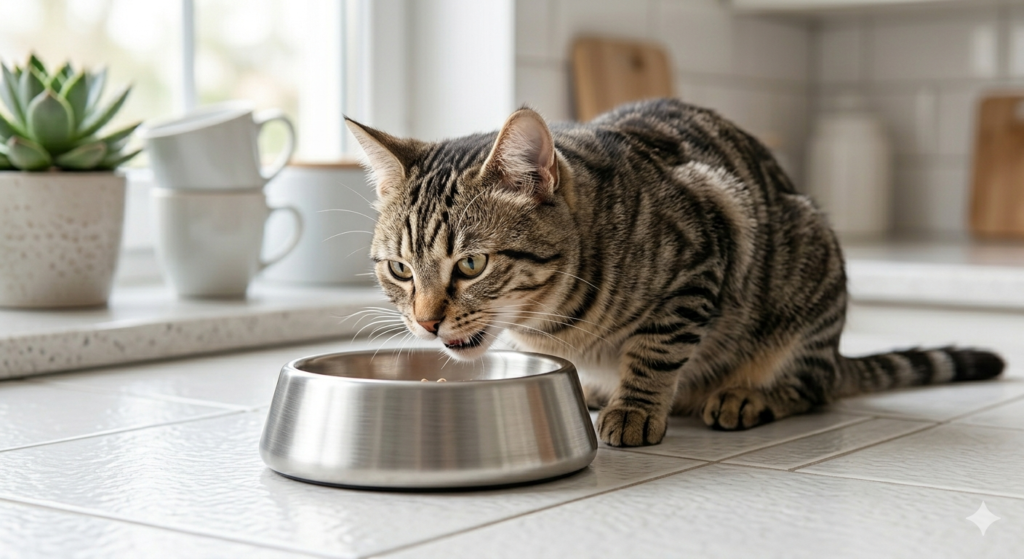 Cat eating from a shallow stainless steel dish to prevent whisker fatigue and chin acne.
