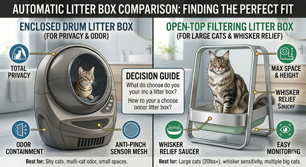 Comparison between enclosed drum and open-top automatic cleaning litter boxes.