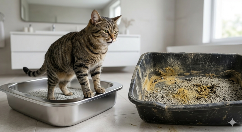 A picky cat preferring a smooth stainless steel cat litter box over a smelly, worn plastic alternative.