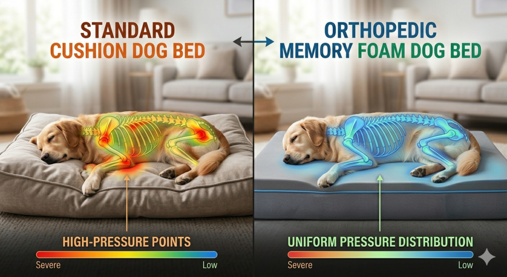 Pressure point comparison between a standard cushion and a medical-grade orthopedic dog bed.