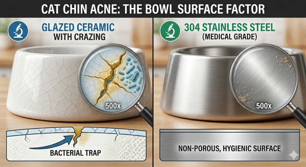 Microscopic cracks in ceramic glaze (crazing) trapping bacteria and skin oils.