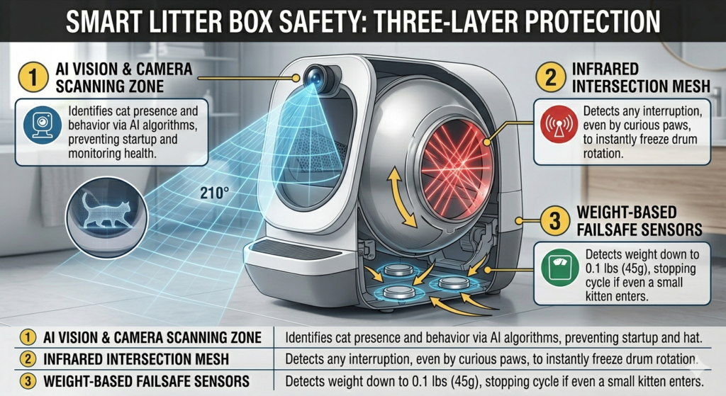 Multi-layer safety sensor system in a 2026 automatic litter box including AI Vision and weight scales.