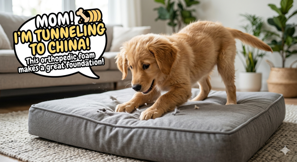 A dog exhibiting natural nesting behavior and scratching its bed before sleep.