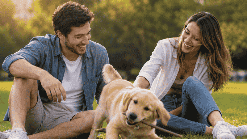 A young couple welcoming their new puppy home for the first time, the most important moment in any new puppy checklist first-week timeline
