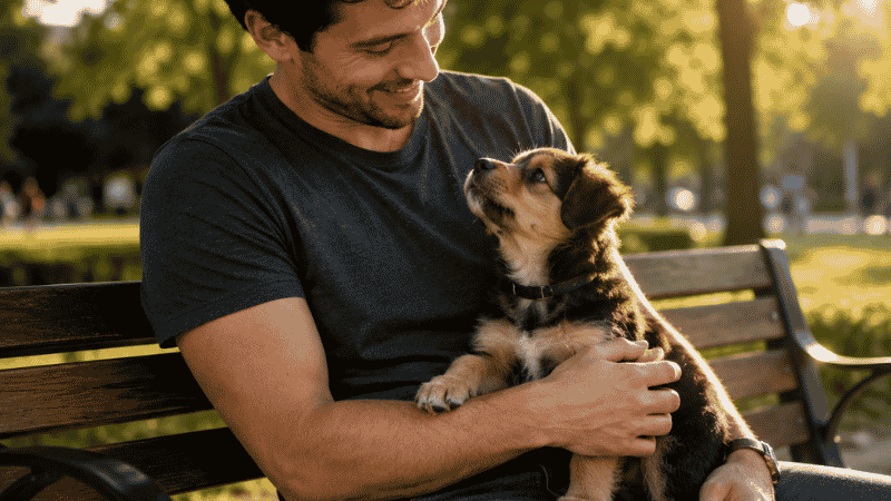 A happy first-time dog owner sitting in a park smiling at his new puppy, capturing the joy of choosing the right breed