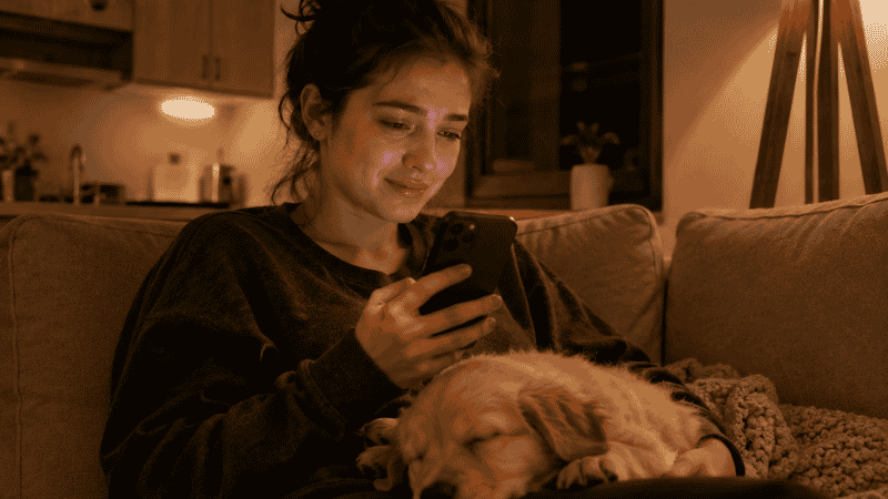A first-time dog owner sitting on a couch at night looking at her phone while her puppy sleeps on her lap, reflecting on how long dogs live
