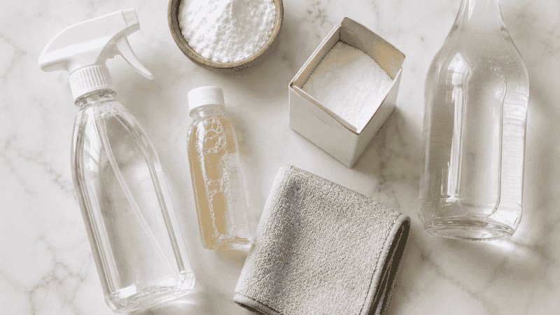 A flat lay of genuinely pet safe cleaning products including enzyme cleaner, baking soda, white vinegar, and fragrance-free spray, safe alternatives for puppy households