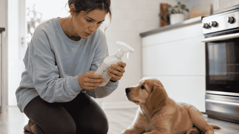 A puppy owner carefully reading the ingredient label on a cleaning product while her puppy sits beside her on the kitchen floor