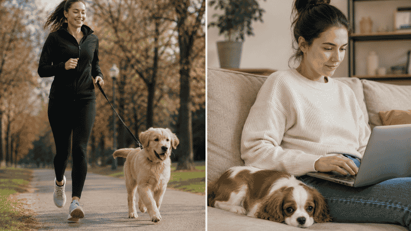 Side-by-side comparison of an active lifestyle with a Golden Retriever puppy versus a relaxed work-from-home lifestyle with a Cavalier King Charles Spaniel puppy
