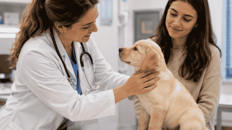 A veterinarian examining a Labrador Retriever puppy during its first vet visit, an important step in supporting a long and healthy dog lifespan