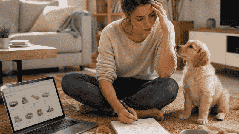 A first-time dog owner sitting on the floor looking overwhelmed while researching puppy kennels, with her puppy sitting beside her