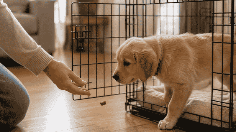A dog owner tossing treats inside an open puppy kennel to encourage voluntary entry during the first day of kennel introduction training