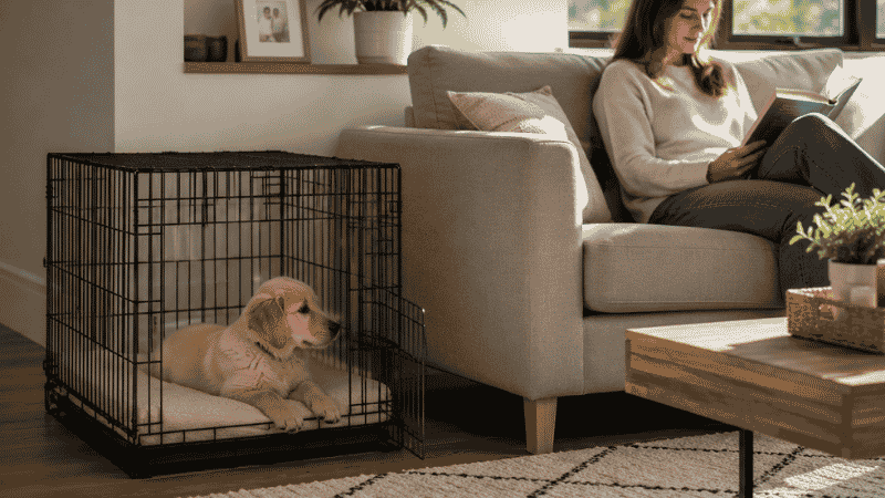 A wire puppy kennel correctly placed in the living room near the sofa where the owner sits, showing ideal kennel positioning for first-time owners