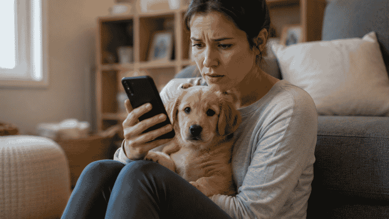 A concerned dog owner holding her puppy and calling for veterinary advice after potential cleaning product exposure, showing the importance of knowing emergency contacts
