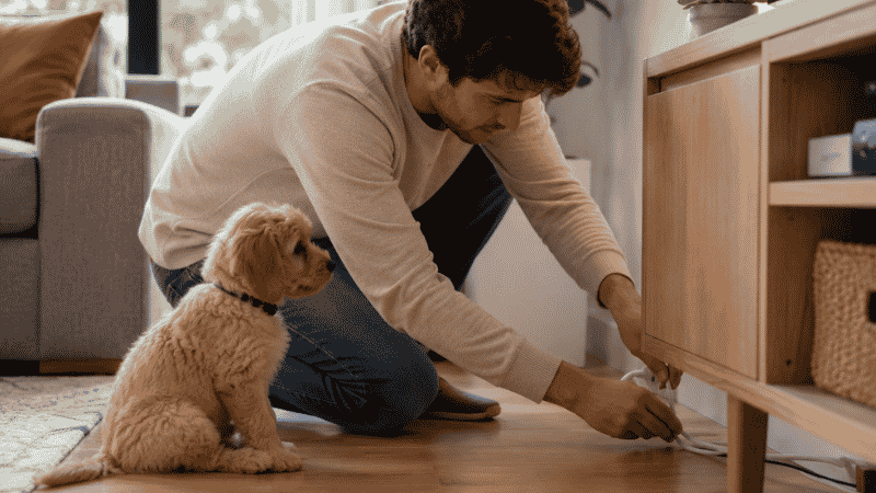 A dog owner crouching at puppy level to check for hazards while puppy-proofing their home as part of a new puppy checklist preparation