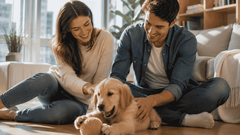 A happy couple enjoying a clean, safe home with their healthy puppy, the result of switching to genuinely pet safe cleaning products