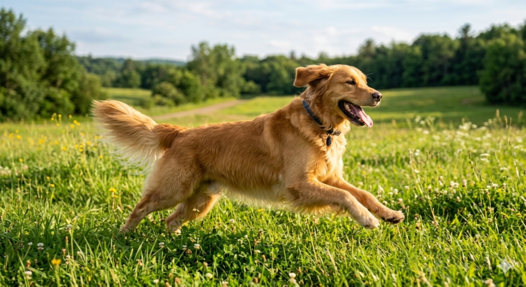 A photo of a golden retriever running on the grass.