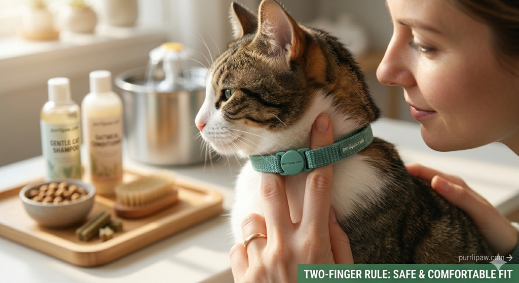Instructional photo showing the two-finger rule for fitting a cat collar safely.