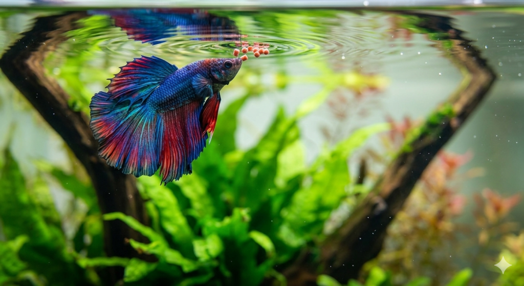 A colorful Betta fish being fed high-quality pellets as part of a proper betta fish care routine.