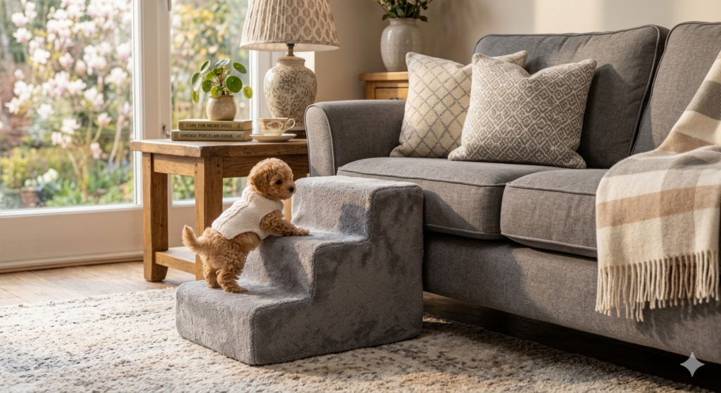 Pet stairs next to a sofa to help a teacup dog reach high surfaces safely.