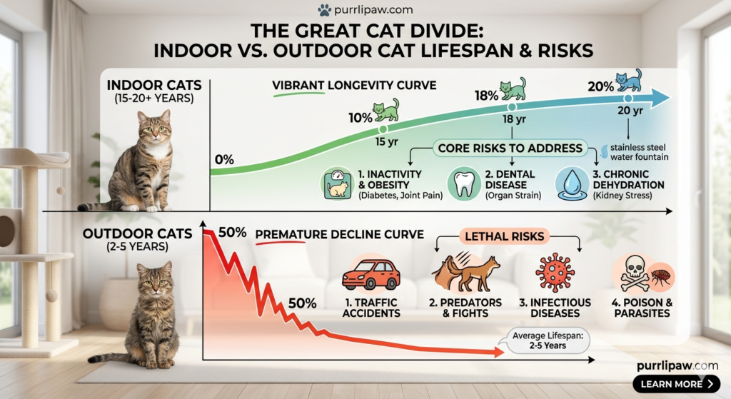 Comparison chart of average cat lifespan for indoor vs. outdoor environments.