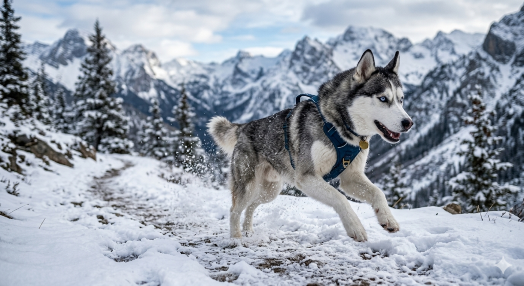 An active Siberian Husky running on a hiking trail, showing its athletic build.