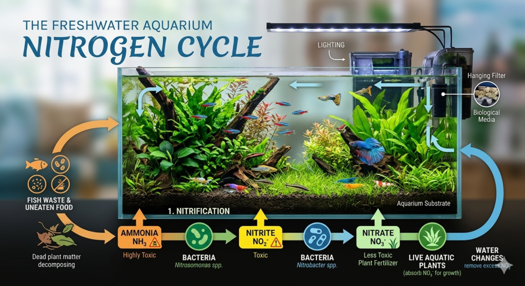 A balanced freshwater aquarium setup showing the biological filtration process for effective fish care.