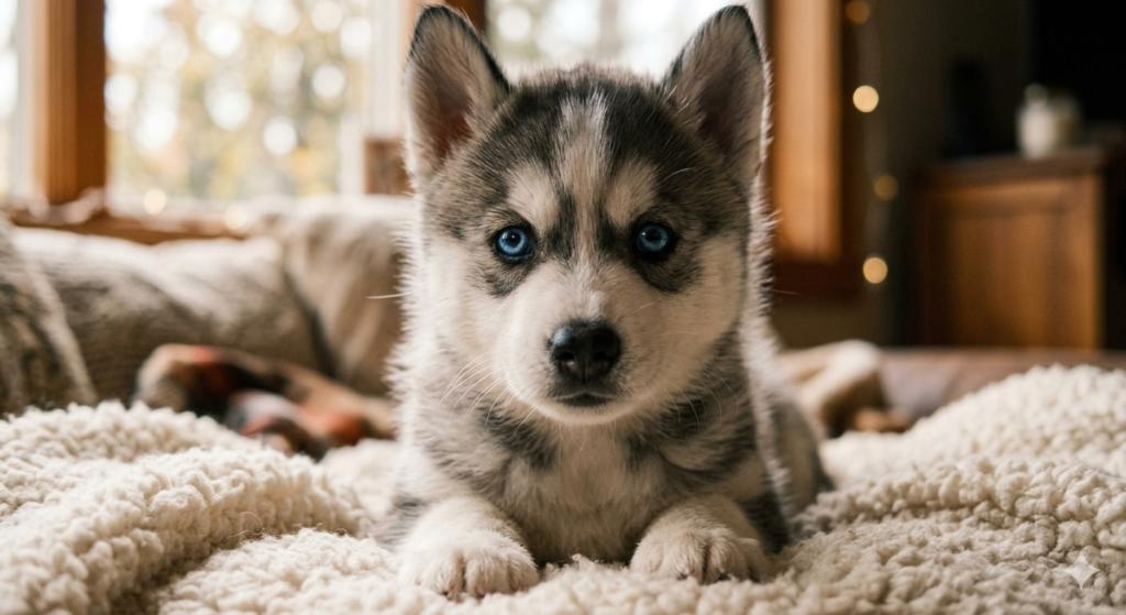 A fluffy puppy husky siberian exploring a grassy backyard for the first time.
