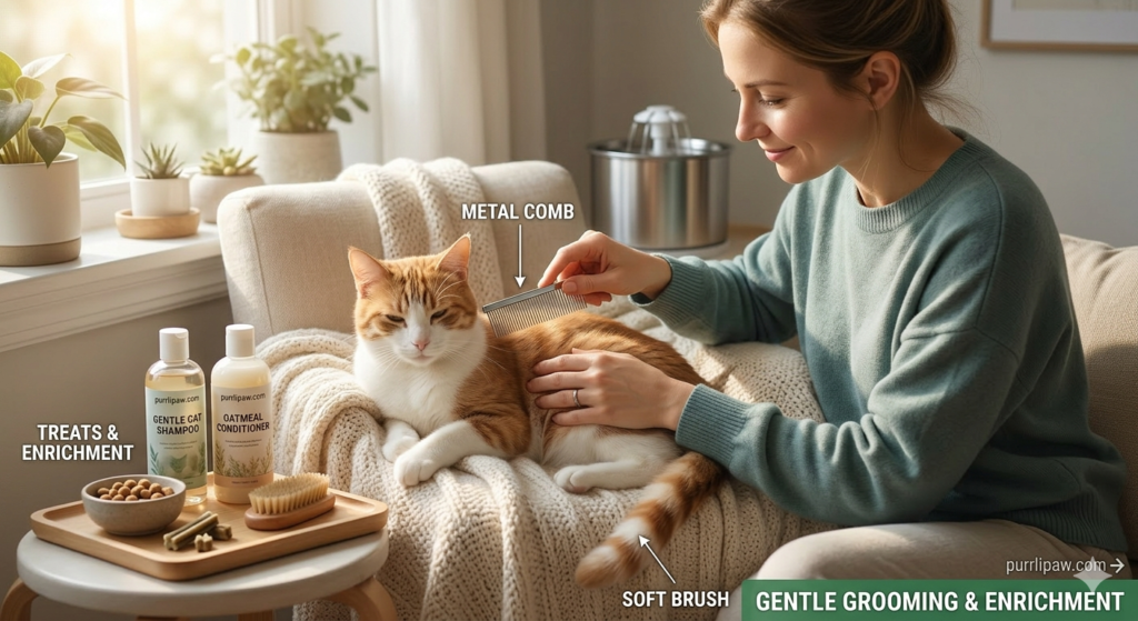 Home DIY pet grooming setup featuring ergonomic brushes and cooperative care treats.