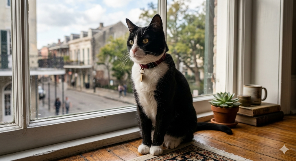 A classic black tuxedo cat with a perfect white bib and paws.
