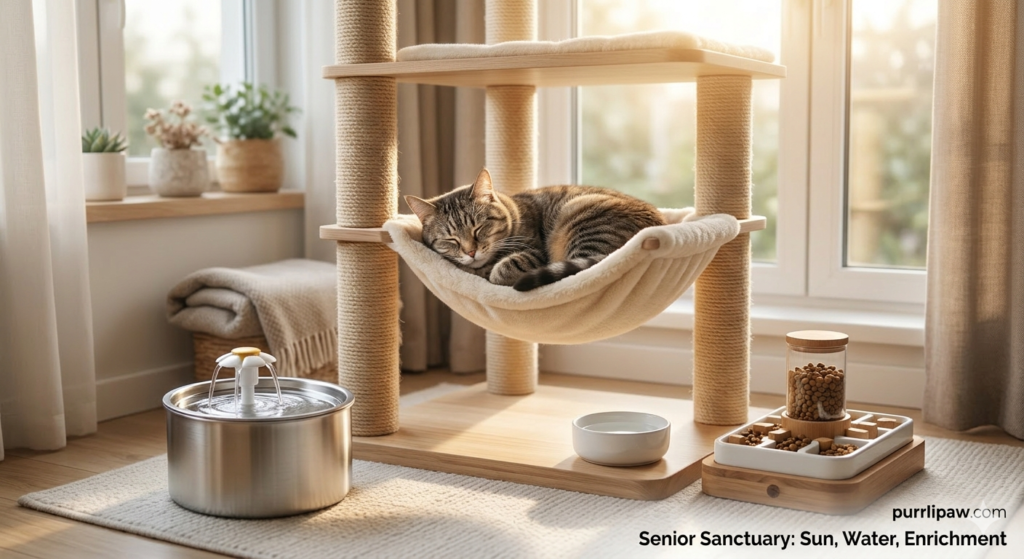Senior cat enjoying an enriched indoor environment designed for longevity.