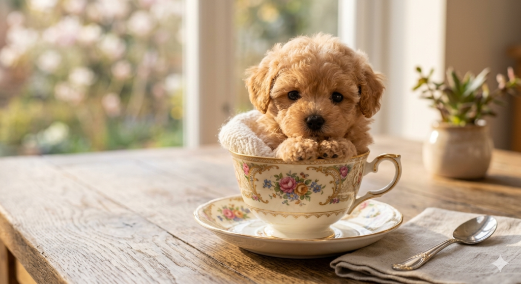 A tiny teacup dog sitting inside a white ceramic teacup to show its micro size.