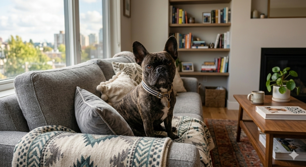 A cozy photo of a French Bulldog sitting on the sofa in the apartment.