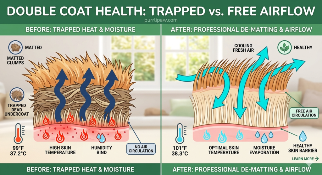 Diagram showing how professional pet grooming improves thermal regulation by removing dead undercoat.