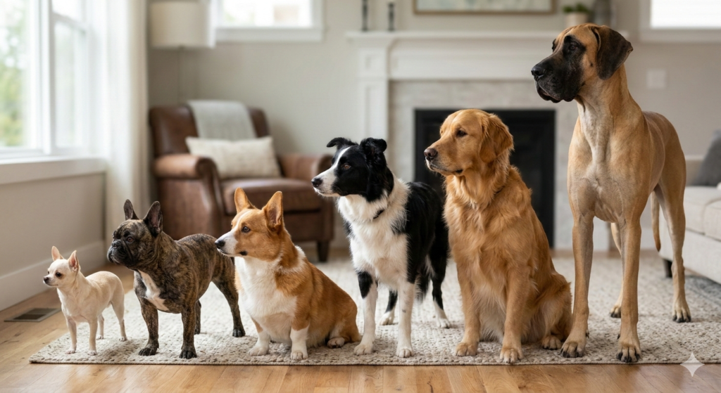 A comparison picture showing different-sized dogs standing together.