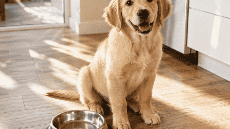 A healthy puppy with bright eyes and a shiny coat sitting beside an empty food bowl, showing the visible results of choosing the right food and feeding schedule from the start