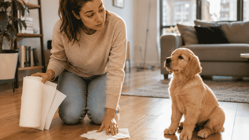 A first-time dog owner kneeling to clean up a puppy accident on the floor while her puppy sits nearby, illustrating the early challenges of how to potty train a puppy