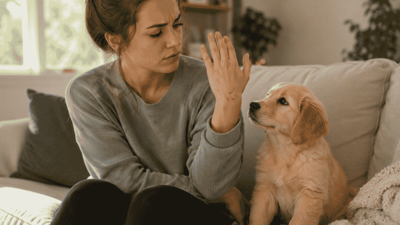 A first-time dog owner showing small bite marks on her hand while her puppy sits innocently beside her, illustrating the common frustration of puppy biting in the first weeks