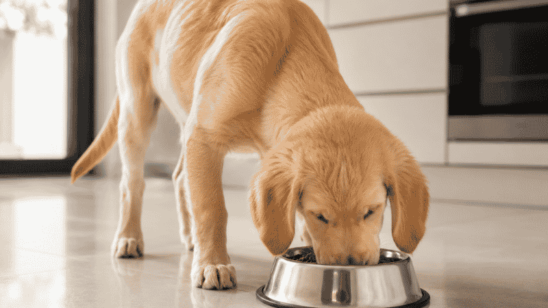 A large breed Labrador puppy eating from a stainless steel bowl, illustrating the importance of choosing a large breed puppy food formula to support healthy bone and joint development