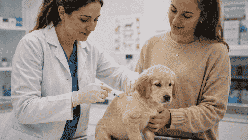 A veterinarian administering the DHPP vaccine to a calm puppy while the owner watches with relief, representing the most effective prevention against parvo symptoms in puppies