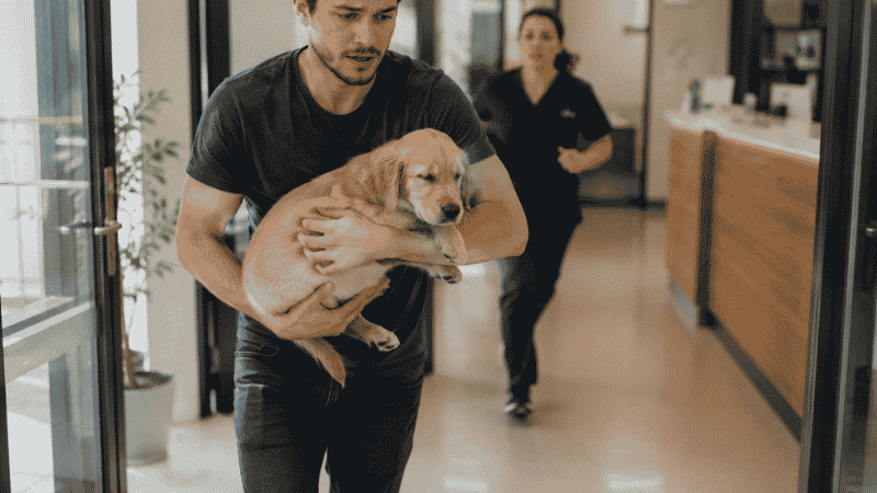 A dog owner urgently carrying their sick puppy into a veterinary clinic for immediate care, showing the correct response when parvo symptoms are suspected in a puppy