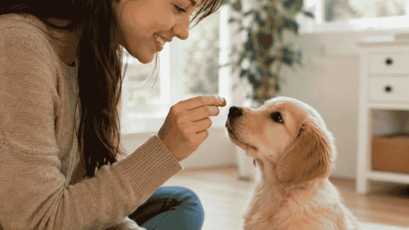A dog owner rewarding a calm, non-biting puppy with a small training treat, illustrating the positive reinforcement approach that makes stopping puppy biting faster and more effective