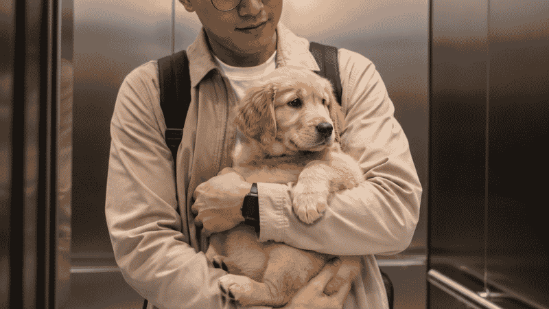 An apartment dweller carrying their puppy in their arms through a building elevator during potty training, showing how to manage puppy potty training in an urban apartment without a yard