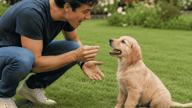 A dog owner immediately rewarding his puppy with enthusiastic praise and a treat the moment it finishes eliminating outdoors, demonstrating the correct timing of positive reinforcement during puppy potty training
