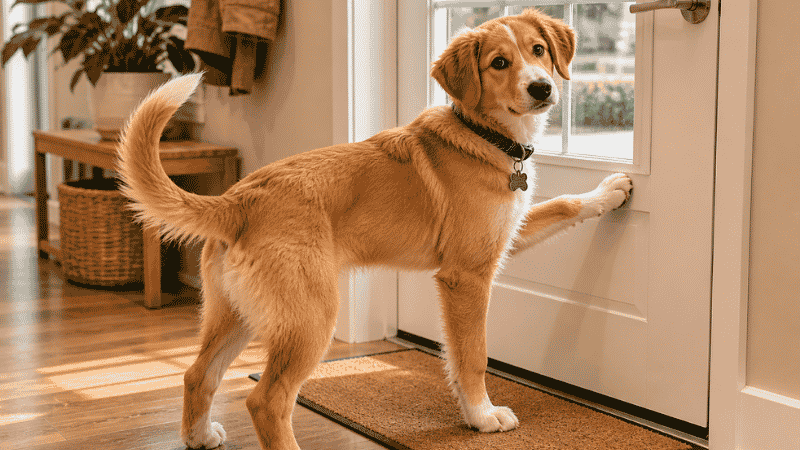 A successfully potty trained puppy standing at the front door and looking back at its owner, signaling it needs to go outside — the end result of consistent puppy potty training