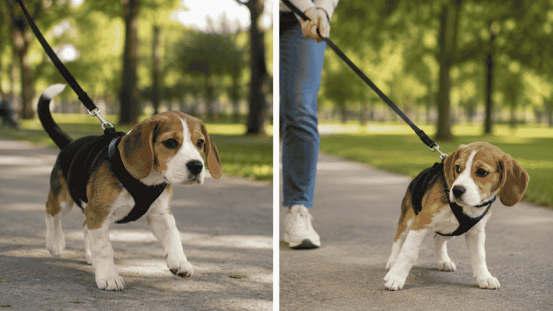 Side-by-side comparison of a back-clip harness versus a front-clip no-pull harness showing how front-clip redirects a pulling puppy sideways for better leash training control