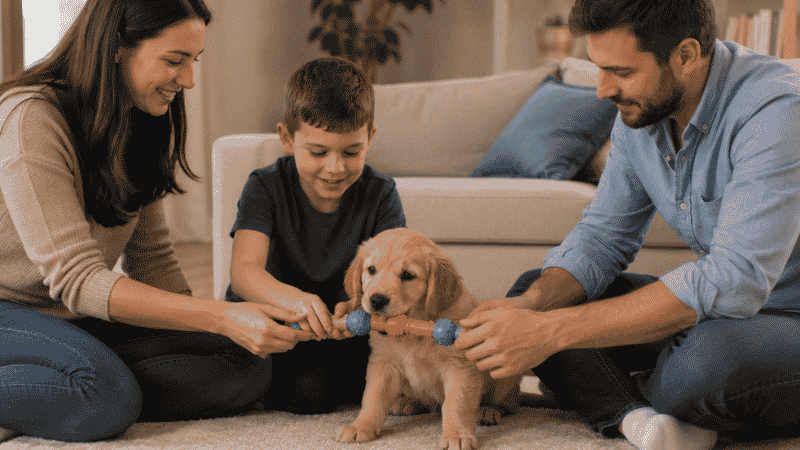 A family including a young child all practicing the same consistent approach to stop puppy biting, showing why household-wide consistency is essential in positive reinforcement dog training