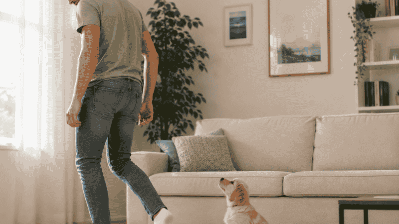 A dog owner calmly standing up and turning away from a puppy to demonstrate the time-out method for stopping puppy biting — no anger, just a clear end to play