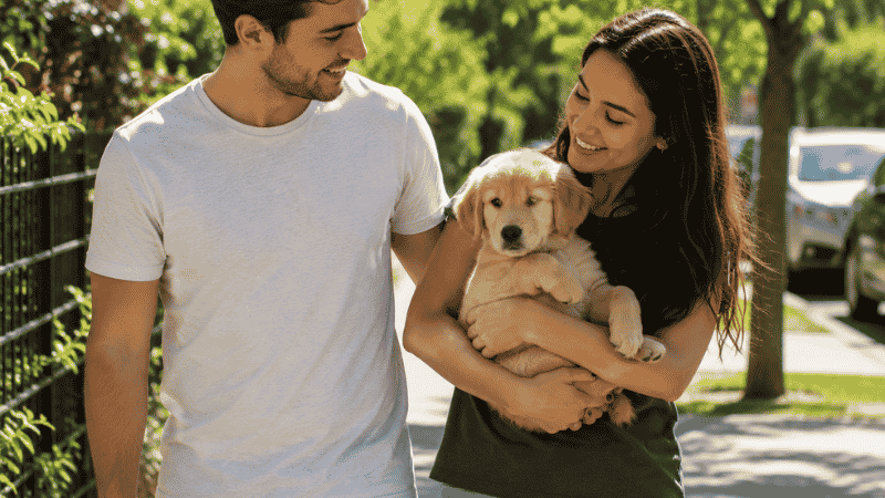A couple safely carrying their unvaccinated puppy outside to begin socialization before the full puppy vaccination schedule is complete